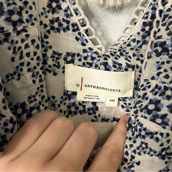 Anthropologie Blue & Cream Floral Printed Ruffle Sleeve Mini Dress - Picture 6 of 7